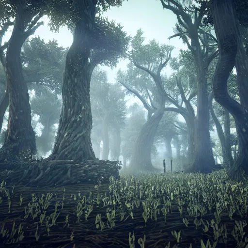 Image similar to a forest with trees made of large vodka bottles, intricate linework, sharp focus, smooth, octopath traveler, final fantasy, unreal engine, dramatic lighting, ethereal, 8 k