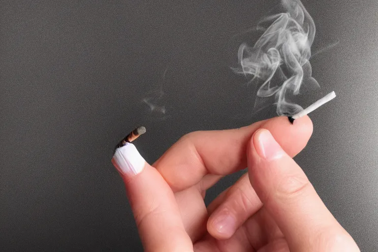 Image similar to A photo of thin soft hand holding cigarette with smoke, hyper realistic, black background