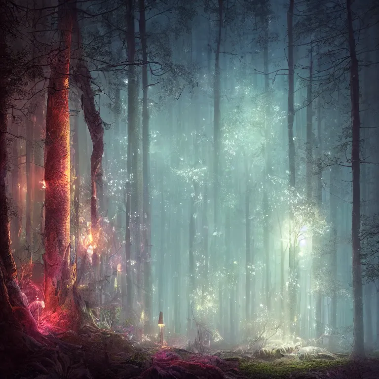 Prompt: a beautiful macro photography of a mystical crystal in a dark forest, hyper detailed, warm volumetric lights, made by gerald brom and mike winkelmann, photorealism