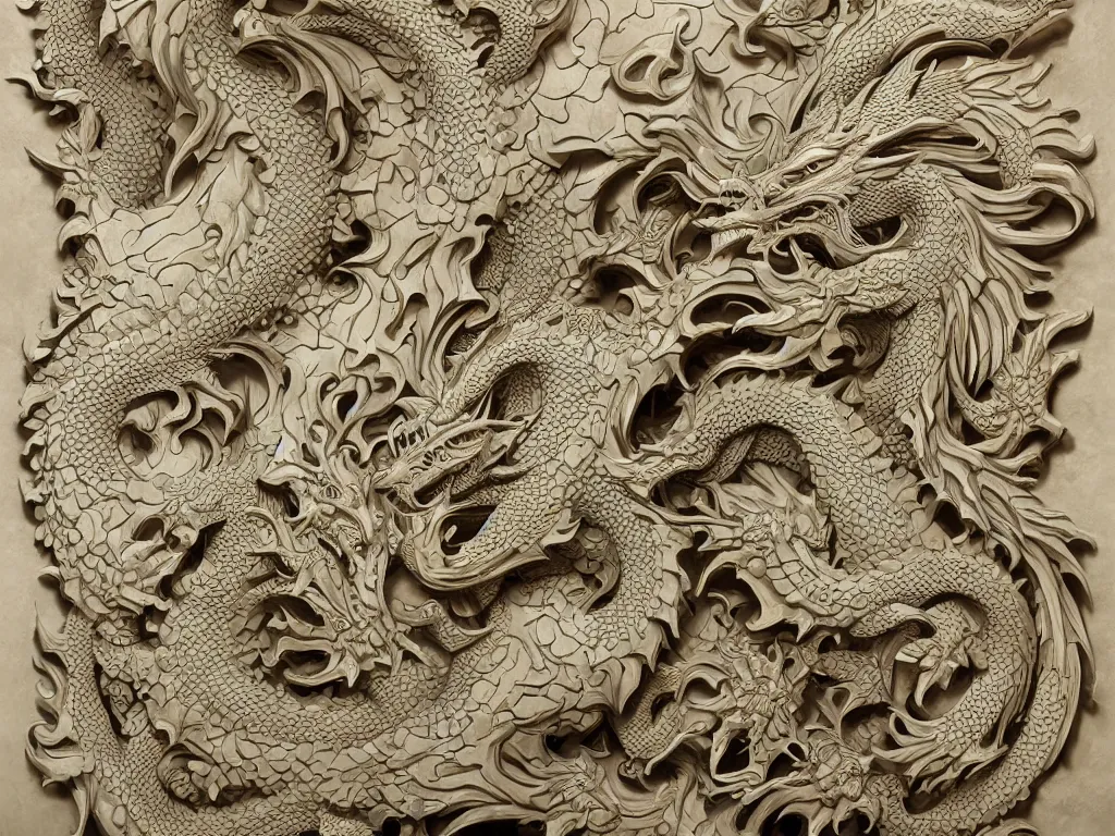 Image similar to dragon ivory wall carving,intricate fractal abstraction, artstation, John Kenn Mortensen, Mat Collishaw, complex, ultradetailed and intricate, high resolution