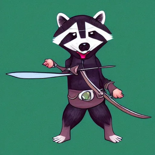 Prompt: digital art of a raccoon in a green rouge outfit duel wielding daggers