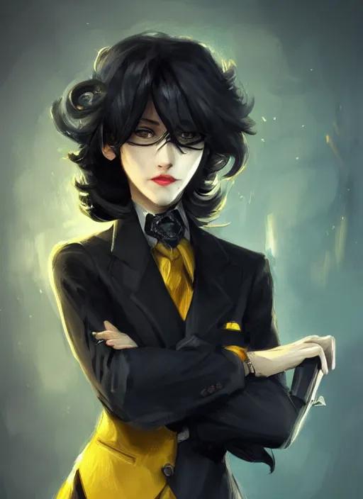 Prompt: a highly detailed illustration of beautiful short black messy haired woman wearing eyepatch and noir style suit and tie, yellow eyes, dramatic smiling pose, intricate, elegant, highly detailed, centered, digital painting, artstation, concept art, smooth, sharp focus, league of legends concept art, WLOP