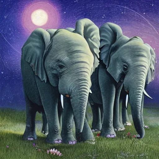 Image similar to two adult elephants and a baby elephant sleeping soundly under a starry sky surrounded by savannah, illustration, detailed, smooth, soft, warm, by Adolf Lachman, Shaun Tan