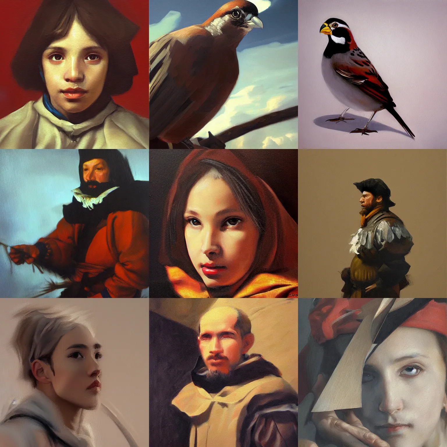 Prompt: illustration, concept art, art by diego velazquez, sharp focus, oleo, an oil paiting of a sparrow, artstation, highly detailed