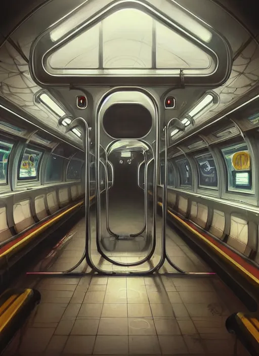 Image similar to perfectly - centered - drawing of empty subway train, intricate, highly detailed, digital painting, artstation, concept art, smooth, sharp focus, illustration, unreal engine 5, 8 k, art by artgerm and greg rutkowski and alphonse mucha