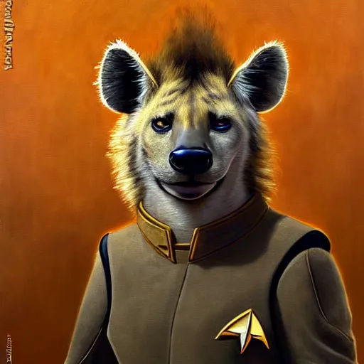 Prompt: a portrait of a hyena hyenaman canine star trek in a starfleet uniform chief engineer. zootopia fursona furaffinity furry art detailed face highly detailed painting by gaston bussiere craig mullins jc leyendecker gustav klimt artgerm greg rutkowski furry