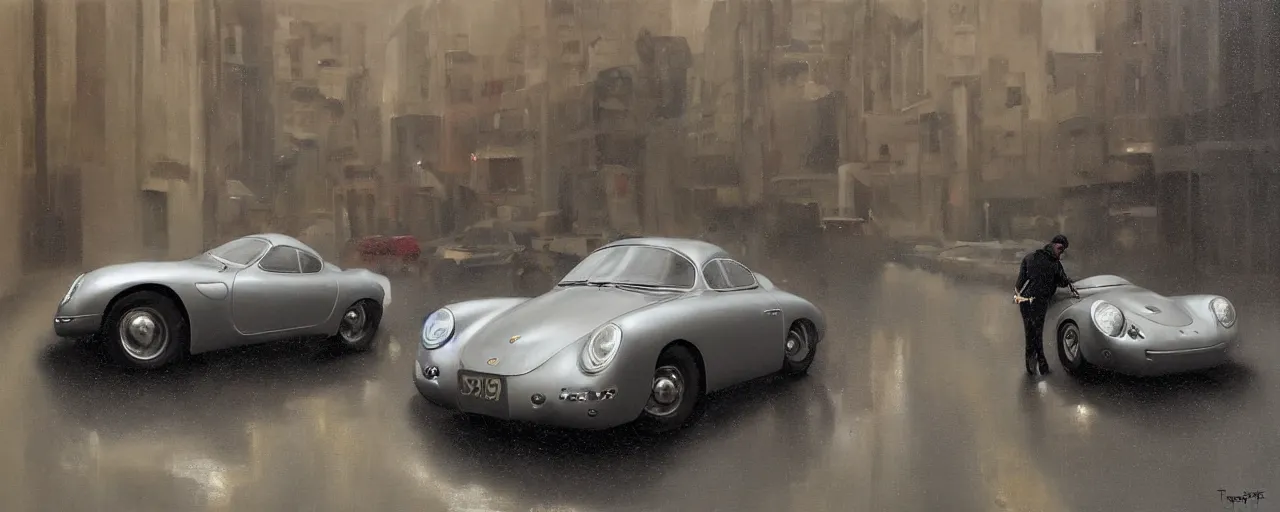 Image similar to Mysterious figure swings a heavy sledgehammer at a silver Porsche 550 with its headlights on, parked on the side of the road in the city of Cologne in the rain, by George Tooker, moody, ominous, lighting, hyper-realistic.