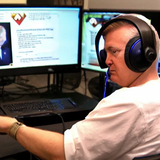 Image similar to Donald Trump with gaming headset sitting at a desk with gaming gear and an RGB PC