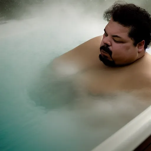 Image similar to photographic portrait by Annie Leibovitz of GreekGodX in a hot tub, closeup, foggy, sepia, moody, dream-like, sigma 85mm f/1.4, 15mm, 35mm, 4k, high resolution, 4k, 8k, hd, full color