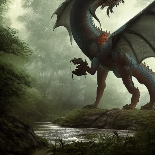 Image similar to a gargantuan dragon idly standing in a forest, peacefully drinking river water, illustrated by max hay and greg rutkowski, trending on artstation, digital art, 4 k quality