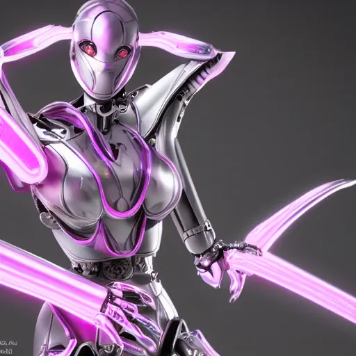 Image similar to a beautiful female robot, shiny white silver plated armor engraved, Fuchsia skin beneath the armor, sharp claws, long tail, robot dragon hands and feet, elegant pose, close-up shot, digital art, 8k HD render, epic lighting, depth of field