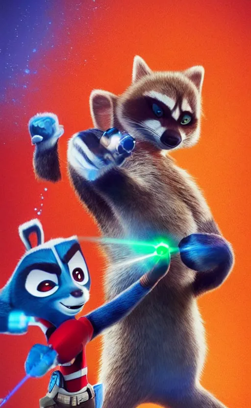 Image similar to “red racoon holding laser gun standing face to face off with blue racoon holding laser gun, boxing style face off, cinematic, dramatic in the style of zootopia”