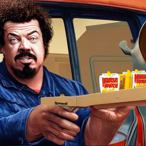 Prompt: danny mcbride robbing a mcdonald's at gunpoint, realism, 4 k,