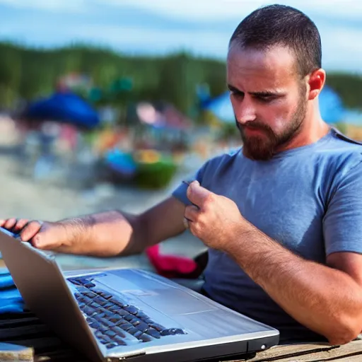 Image similar to man working on laptop at sunny beach, by ilya kuvshinnikov, perfect face, fine details