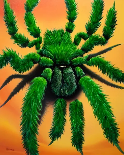 Image similar to Realistic Oil Painting of Cute green animated fuzzy tarantula made out of marijuana leaves thc strain