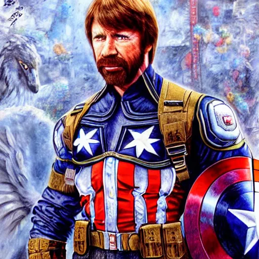 Prompt: uhd photorealistic detailed image of chuck norris dressed as captain america, wearing extremely intricate costume, by ayami kojima amano karol bak tonalism