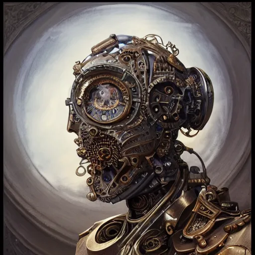 Image similar to low angle shot of a steampunk cyborg by clive barker, intricate, elegant, highly detailed, centered, digital painting, artstation, concept art, smooth, sharp focus, illustration, artgerm, Tomasz Alen Kopera, Peter Mohrbacher donato giancola, Joseph Christian Leyendecker, WLOP, Boris Vallejo.