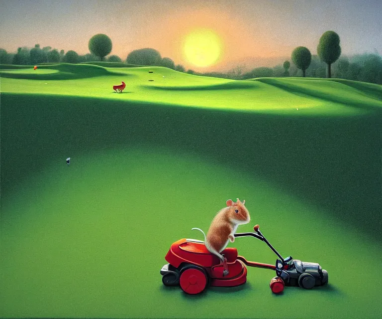 Image similar to hyper detailed 3d render like a Oil painting - a cartoon gerbil riding a lawnmower across a golf course at dawn, by Jacek Yerka, Mariusz Lewandowski, Houdini algorithmic generative render, Abstract brush strokes, Masterpiece, Edward Hopper and James Gilleard, Zdzislaw Beksinski, Mark Ryden, Wolfgang Lettl, hints of Yayoi Kasuma, octane render, 8k