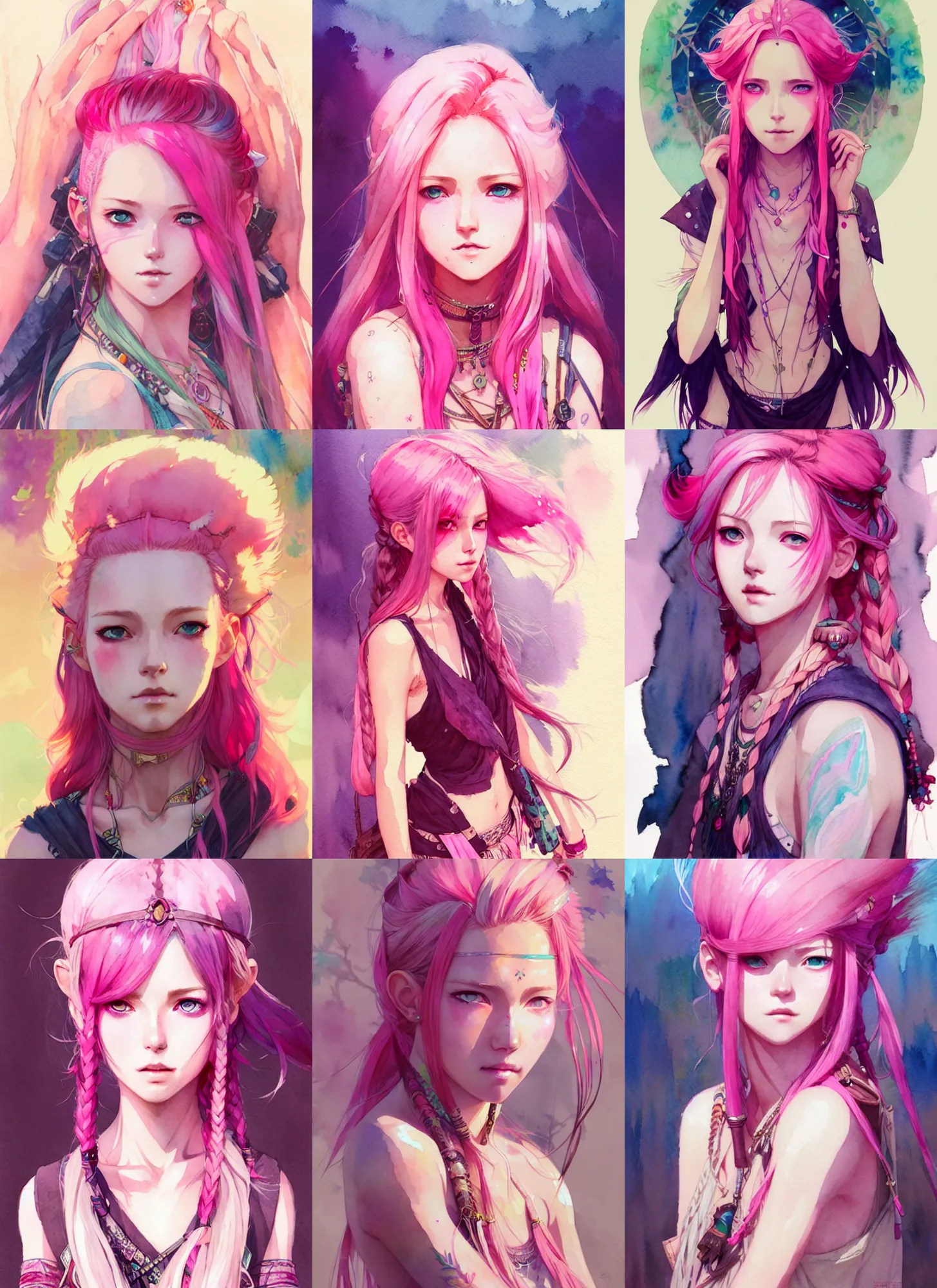 Prompt: portrait of a extreme beautiful girl with pink hair dress in boho style camping, symmetry face, top lighting, highly detailed, ( watercolor ), art by hidari and krenz cushart and wenjun lin and starember