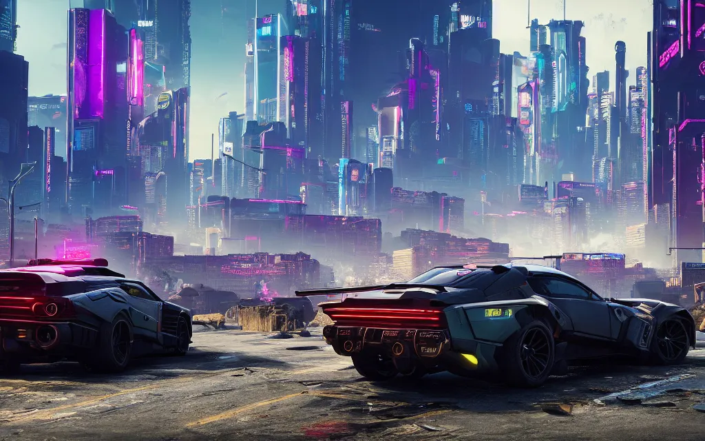 Image similar to Cyberpunk 2077 car Quadra Turbo-R V-Tech, driving down dusty city dystopian, long distance shot , by Mead, Syd