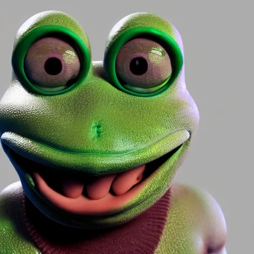 Image similar to a sadge - sad - pepe - the - frog, looking more depressed than usual, quivering lips, fists in the air, sweat flying, cgi render, zbrush, octane, keyshot render