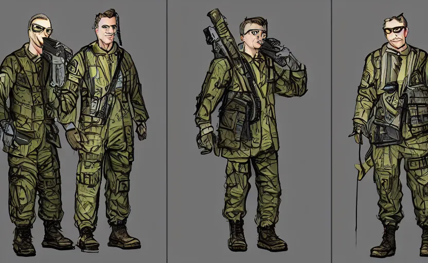 Prompt: clothes design of scientist soldier survivalist character gang, hyperrealistic, beautifully rendered