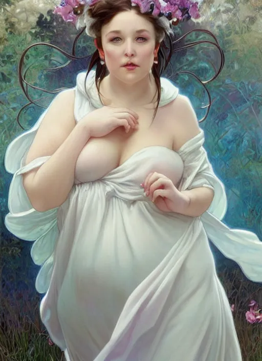 Prompt: a chubby white woman with pointed ears, wearing a white sundress, rainbow pastel clouds for hair, realistic painting by ross tran and gerald brom and alphonse mucha, artgerm, trending on artstation