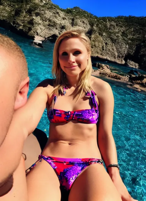 Image similar to pov photo of kristen bell sitting on my lap in a bikini, 1 2 0 deg fov