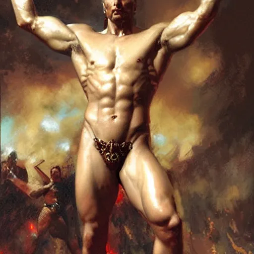 Prompt: Vladimir Putin as a greek god, muscular, detailed face, thighs, painting by Gaston Bussiere, Craig Mullins