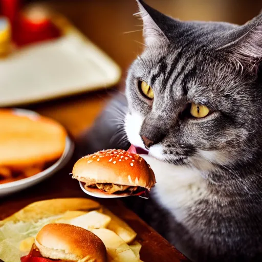 Image similar to fat cat eating a hamburger, dslr photo, high detail, high resolution