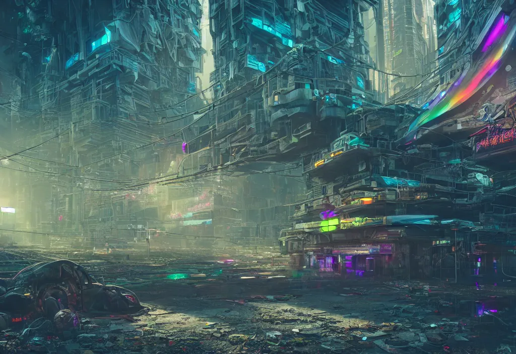 Image similar to A highly detailed crisp unreal engine render of A beautiful futuristic cyberpunk cybertech abandoned building with neon like plants, perfect well made rainbow on the sky, sunlight breaking through clouds, debris on the ground, abandoned machines by wangchen-cg, 王琛,Neil blevins, artstation