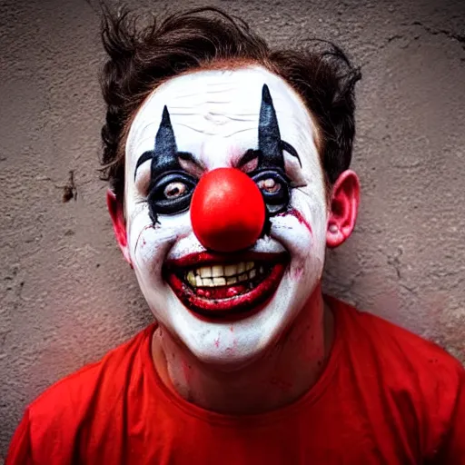 Prompt: creepy image of a clown with red paint dripping down his face
