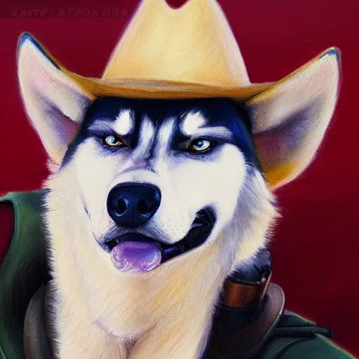 Prompt: a portrait painting of a husky in cowboy costume, wearing a cowboy hat, by studio ghibli, in the style of anime, humanoid, personify, anthropomorphic, trending on artstation