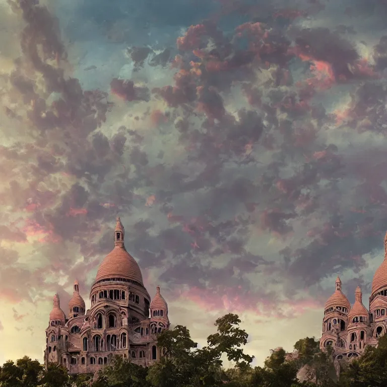 Prompt: abandoned Basilica of Sacré Coeur de Montmartre, toxic orange and pink clouds strain the sunlight, stark contrasting lighting, contrejour, a two-headed mutated deer-like creature looks on in the distance from the sparse twisted silhouetted foliage, a highly detailed colorful matte painting by Ian McQue and Andreas Rocha, featured on Artstation, Unreal Render, 8k HDR, fisheye