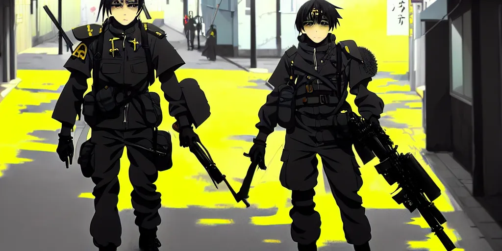 Image similar to anime portrait of a vicious helldiver scout soldier, black armor with yellow accents, in a japanese city street, concept art, by ilya kuvshinov, by makoto shinkai, anime, pixiv top monthly, trending on artstation, cinematic, danbooru, zerochan art, kyoto animation