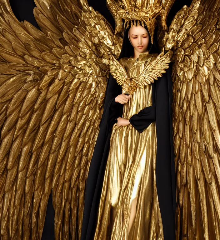 Image similar to full length picture angel wearing black robe with gold wings in an elaborate cathedral, sharp focus, DOF, unreal engine, 8k, ultra detailed, photorealistic + sigma 105mm f2.8 macro