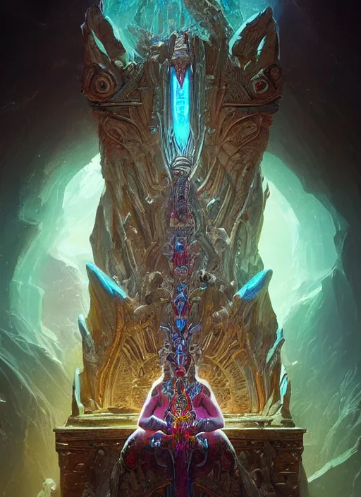 Image similar to hyper realistic photography of intricate symmetric strange aztec alien goddess sitting on opal throne in a crystal cave detailed, greg rutkowski, artstation, cgsociety