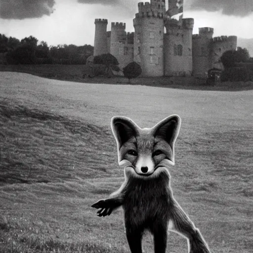 Image similar to anthropomorphic fox!! who is a medieval knight holding a swo - rd towar - ds a stormy thundercloud [ 1 9 3 0 s film still ], ( castle in the background )