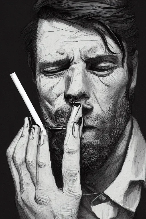 Image similar to hyperdetailed portrait of a man smoking a cigarette, by nicholas delort, artstation, smooth, graphic black and white. intricate, elegant, central composition, golden ratio,