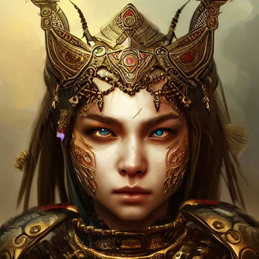 Image similar to beautiful extremely detailed intricate concept art depicting a warrior by wlop. shining jewelry.