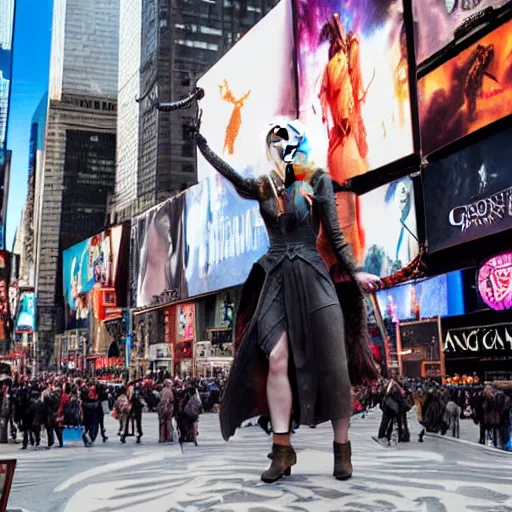 Image similar to game of thrones Daenerys on dragon in the middle of new york time square