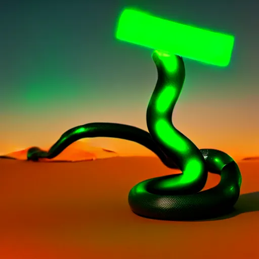 Image similar to a robot snake with glowing green light in the desert, octane render, 3D, accurate