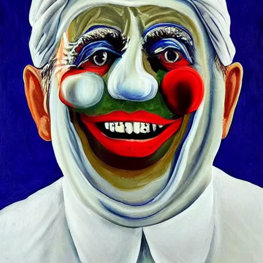 Image similar to george bush wearing tinfoil hat painting osama bin laden clown