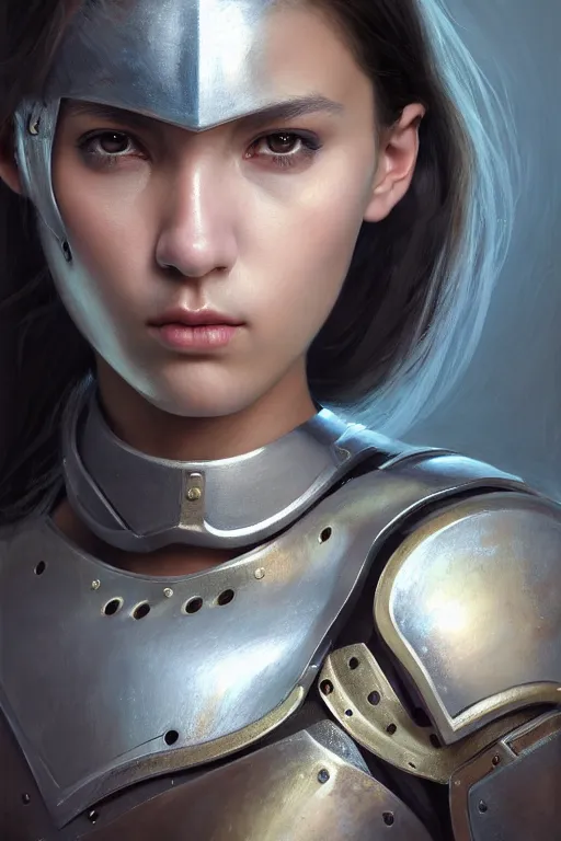 Image similar to a photorealistic painting of an attractive young girl, partially clothed in metal-plated battle armor, olive skin, long dark hair, beautiful bone structure, symmetrical face, perfect eyes, intricate, elegant, digital painting, concept art, illustration, sharp focus, minimal artifacts, from Metal Gear, in the style of Ruan Jia and Mandy Jurgens, by Greg Rutkowski, trending on Artstation, award winning