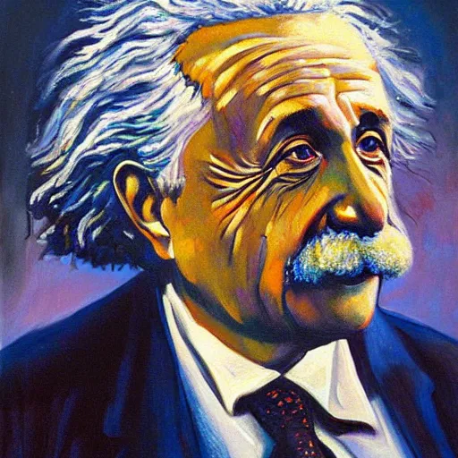 Prompt: Portrait of Albert Einstein looking eye to eye with Leo Szilard, oil painting