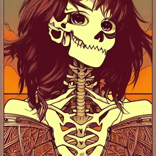 Image similar to anime manga skull portrait girl female skeleton illustration sunset artgerm comic Geof Darrow and Ashley wood and Ilya repin and alphonse mucha pop art nouveau