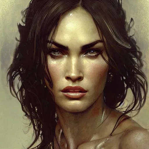 Image similar to megan fox portrait art of elysium by frank frazetta and by jeremy mann and by alphonse mucha, fantasy art, photo realistic, dynamic lighting, artstation, volumetric lighting, very detailed face, 4 k