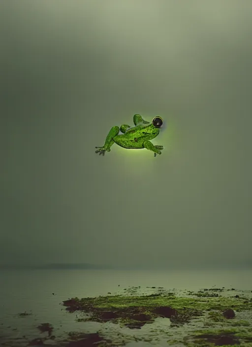 Image similar to semi translucent smiling frog amphibian hovering over misty lake in Jesus Christ pose, cinematic shot by Andrei Tarkovsky, paranormal, spiritual, mystical