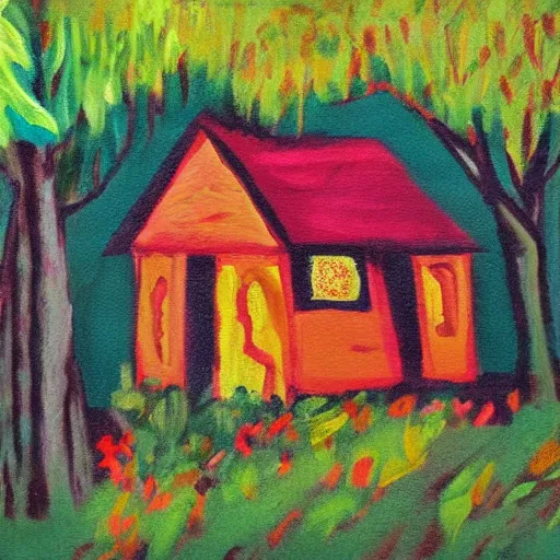 Image similar to a painting of a eerie cabin in the middle of the woods in the style of a kindergarten finger painting