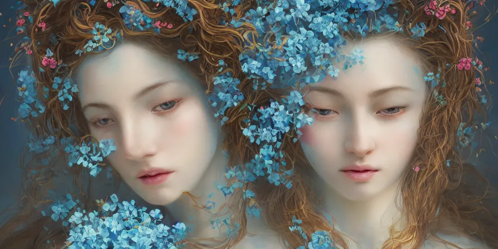 Prompt: breathtaking detailed concept art painting portrait of two hugs goddess of light blue flowers, carroty hair, orthodox saint, with anxious piercing eyes, ornate background, amalgamation of leaves and flowers, by hsiao - ron cheng, extremely moody lighting, 8 k